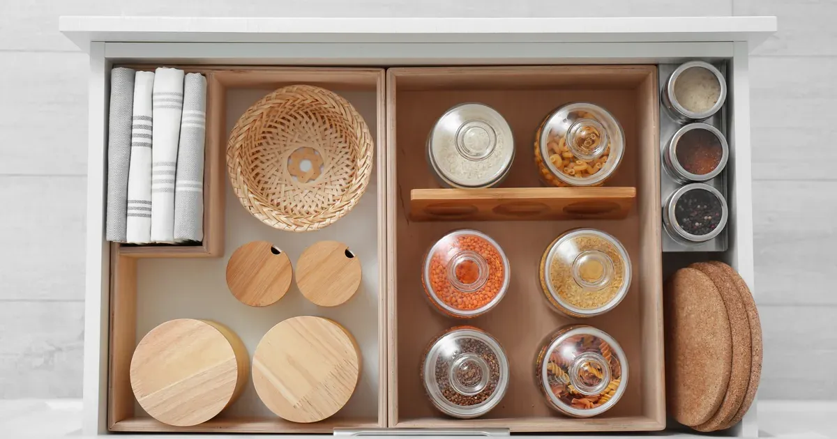 A bright, organized kitchen pantry cabinet with open doors revealing neatly arranged food items on adjustable shelves. Natural light, clean white finish.