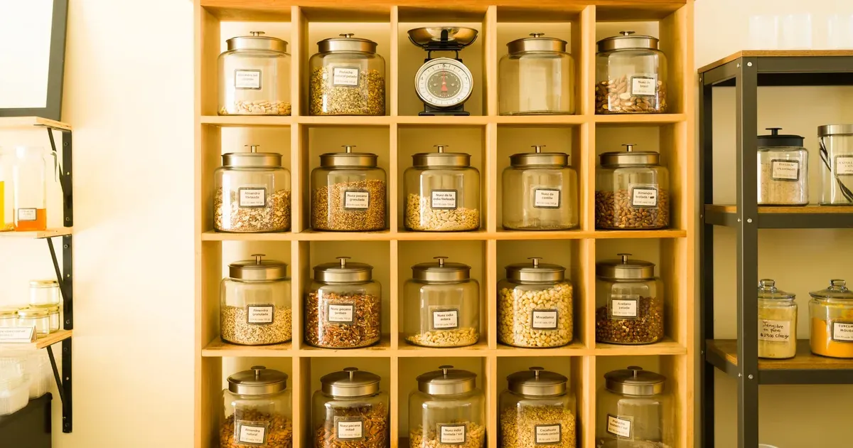 A neatly organized pantry shelf with matching clear airtight canisters filled with flour, oats, and cereal, lids visible with silicone gaskets, natural light.