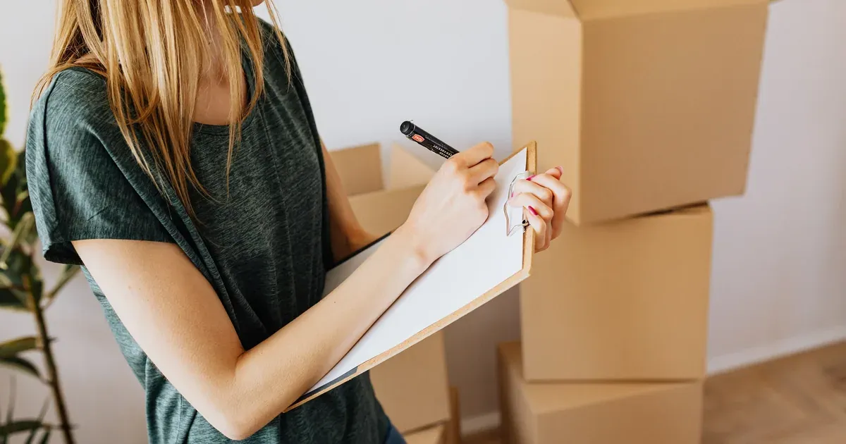 A bright, airy living room mid-declutter session: four labeled boxes (Keep, Donate, Trash, Relocate) on a light wood floor, a partially cleared bookshelf in the background, natural window light.