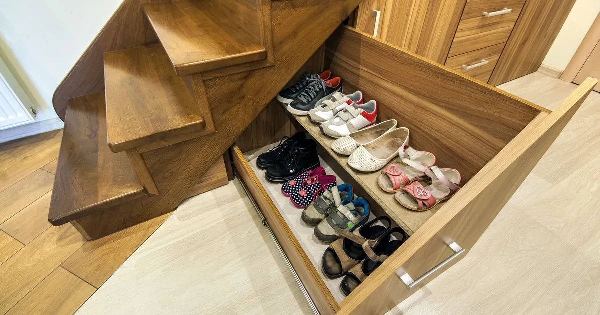 A tidy entryway corner with an over-the-door shoe organizer and a slim rolling cart tucked beside a cabinet, natural light, no floor clutter.