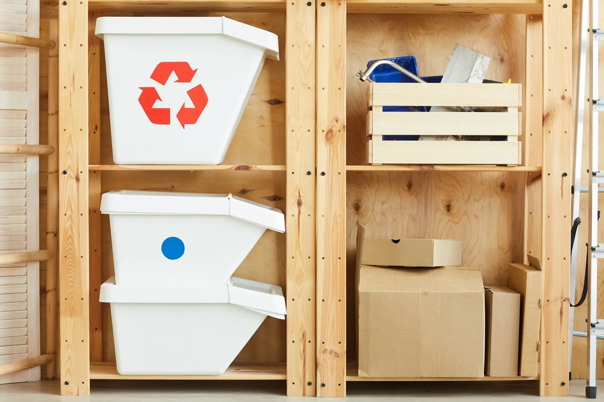 metal garage storage cabinets along wall with closed doors and workbench nearby