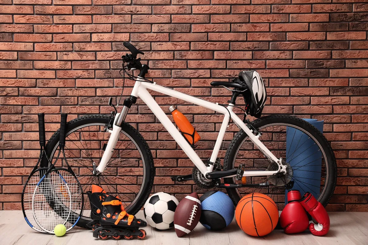 sports equipment organizer in garage with balls, helmets, and bats stored