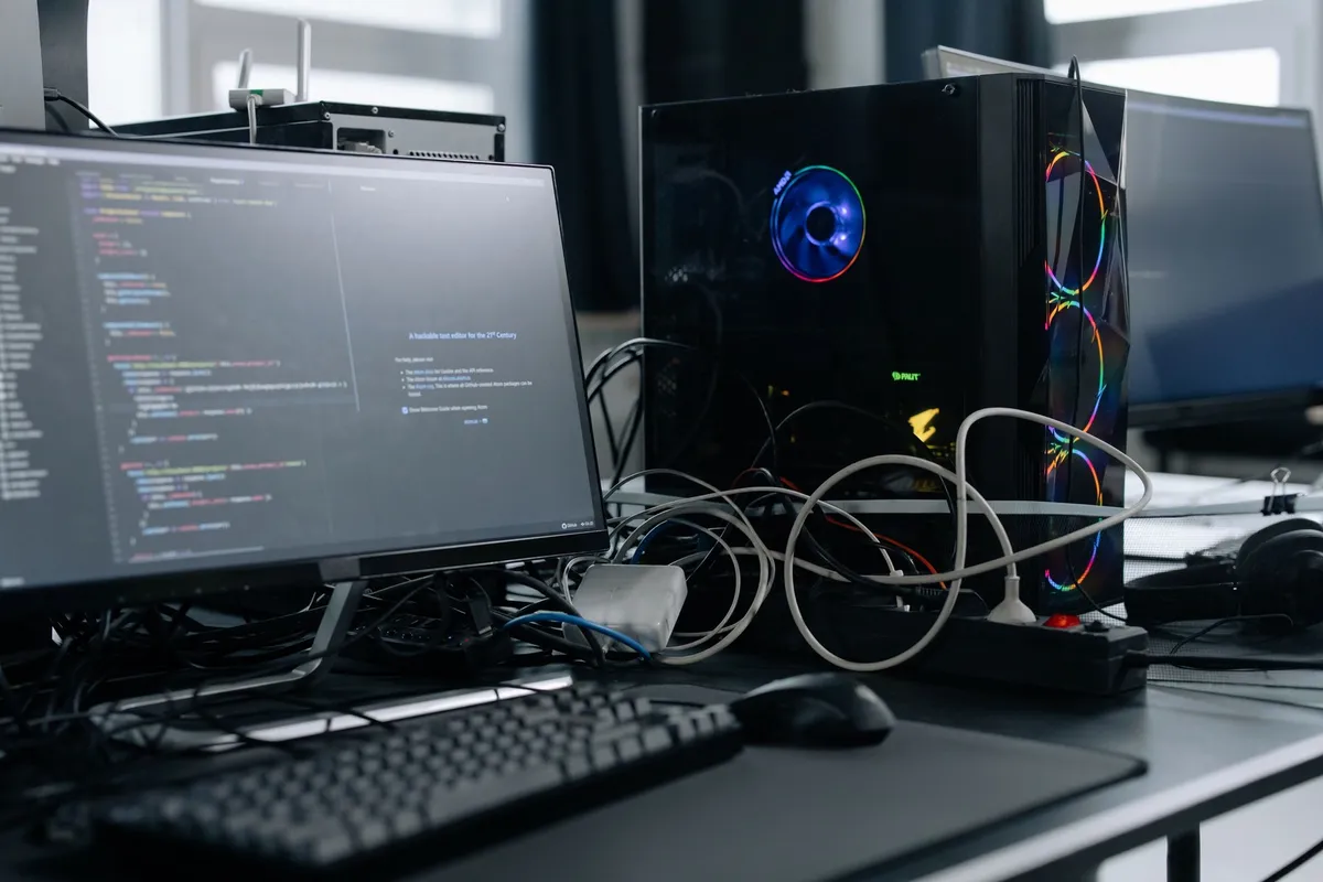 white cable management box on floor under desk with routed cords