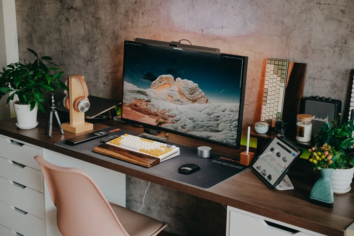small desk nook with folding screen divider