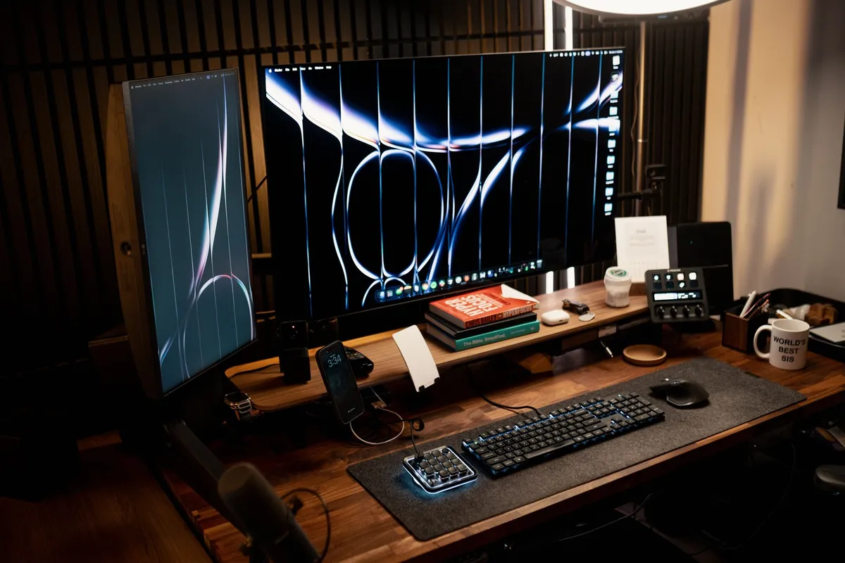 pegboard above desk holding baskets and supplies