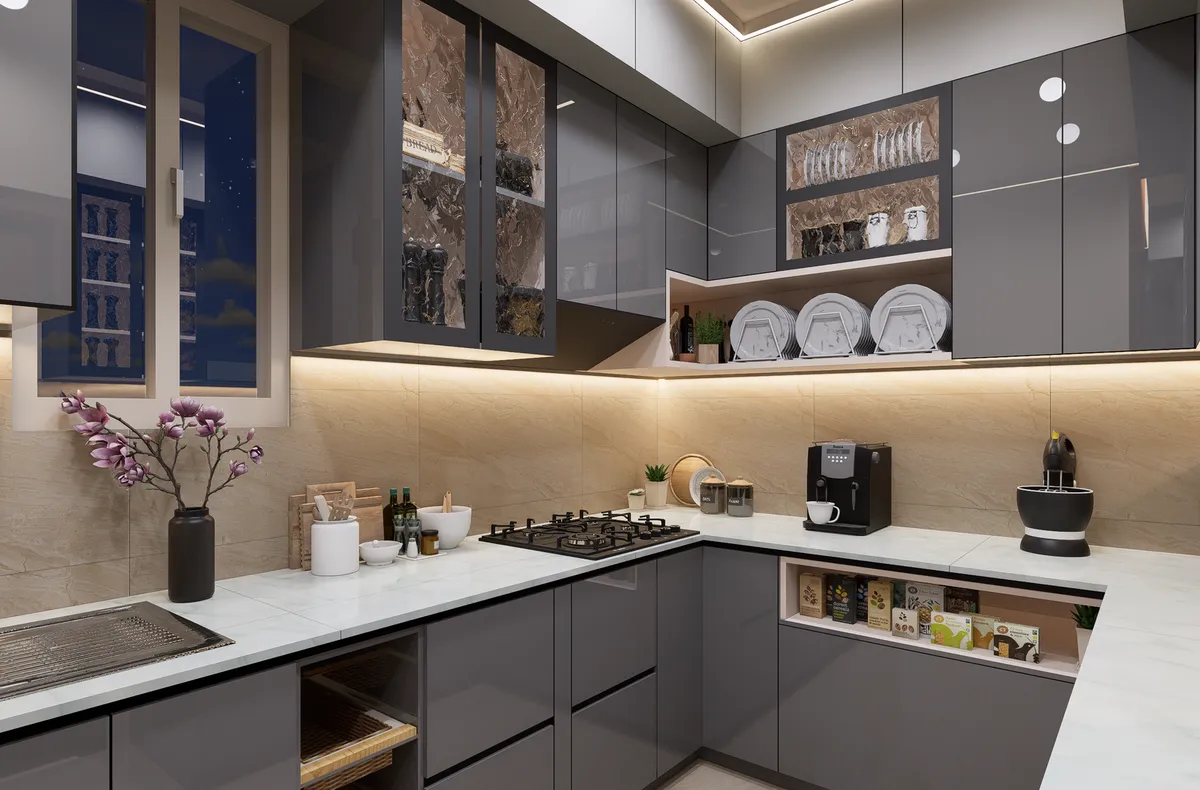 pull-out blind corner organizer extended with pots and pantry items