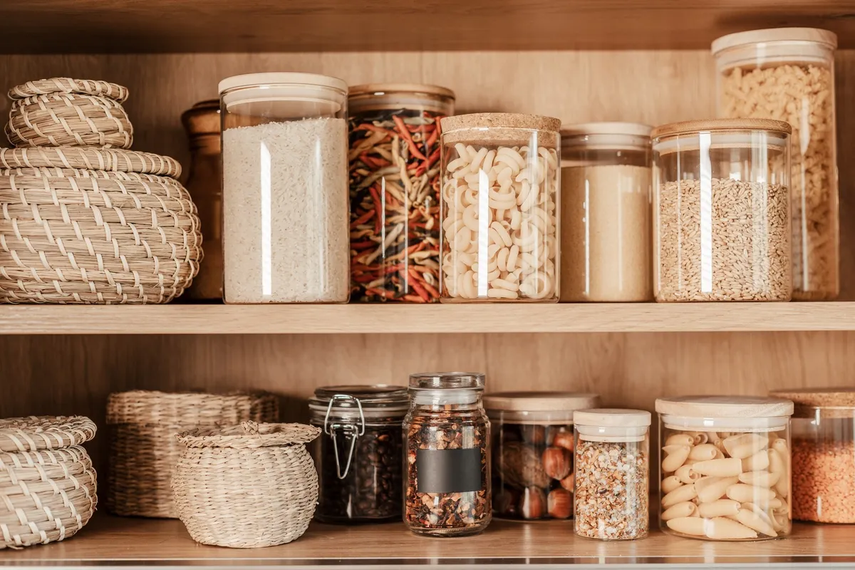 corner pantry cabinet with lazy Susan rotating shelves and organized food items