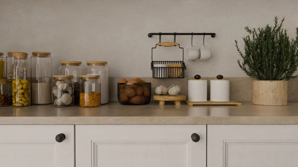 tension rod under kitchen sink with hanging spray bottles