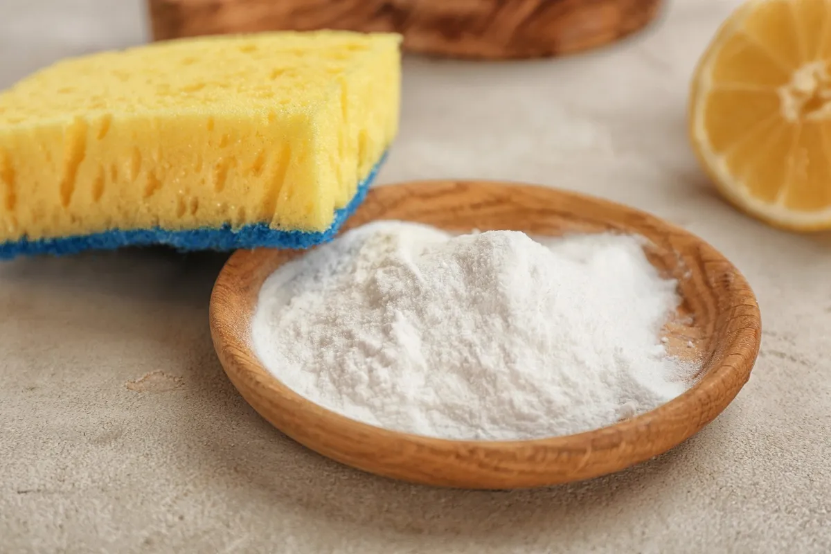 box of baking soda next to folded white towels on laundry room shelf